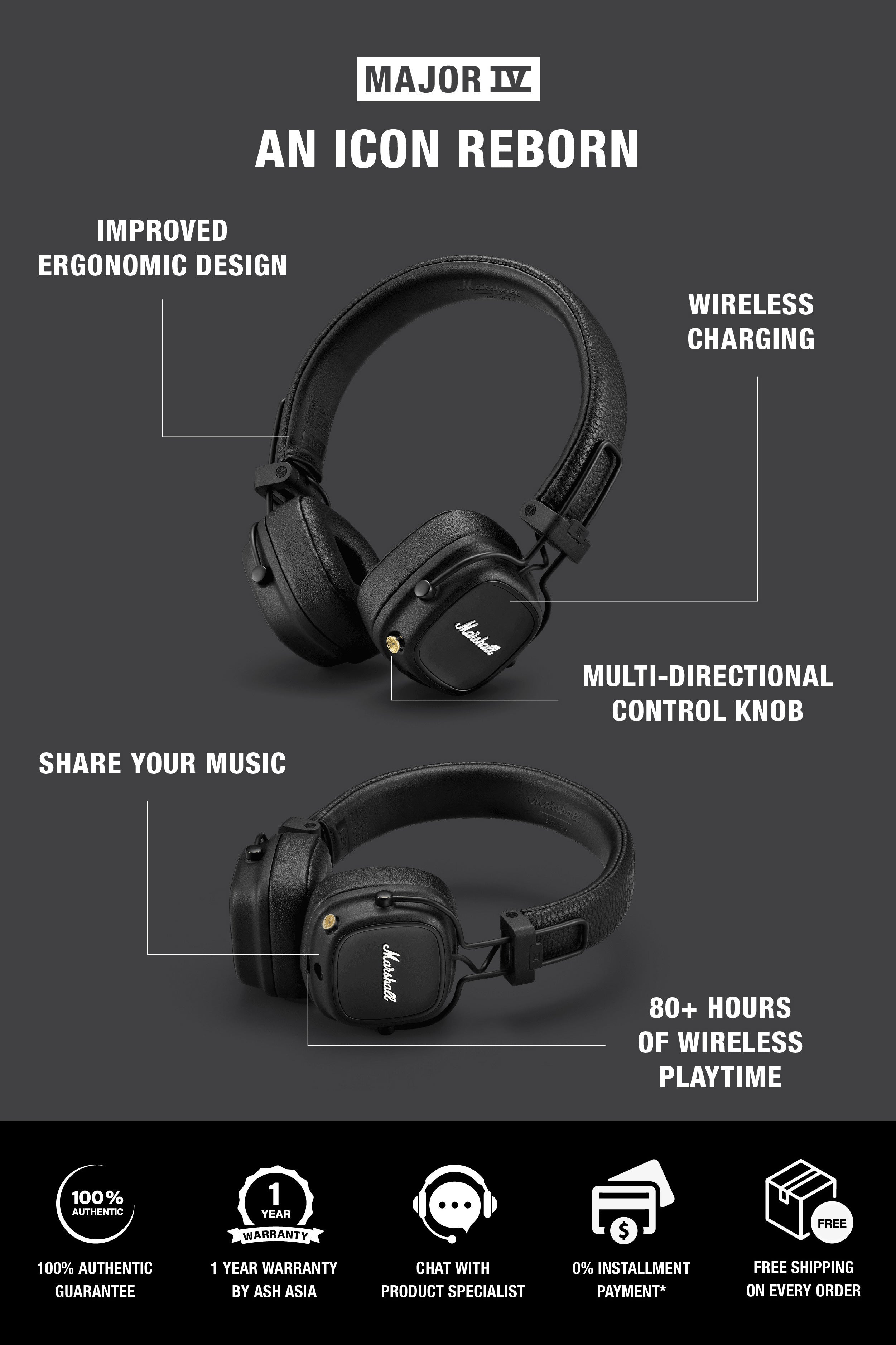 MARSHALL MAJOR IV HEADPHONES (MARSHALL HEADPHONES, ON-EAR HEADPHONES,  BLUETOOTH HEADPHONES, WIRELESS HEADPHONES)