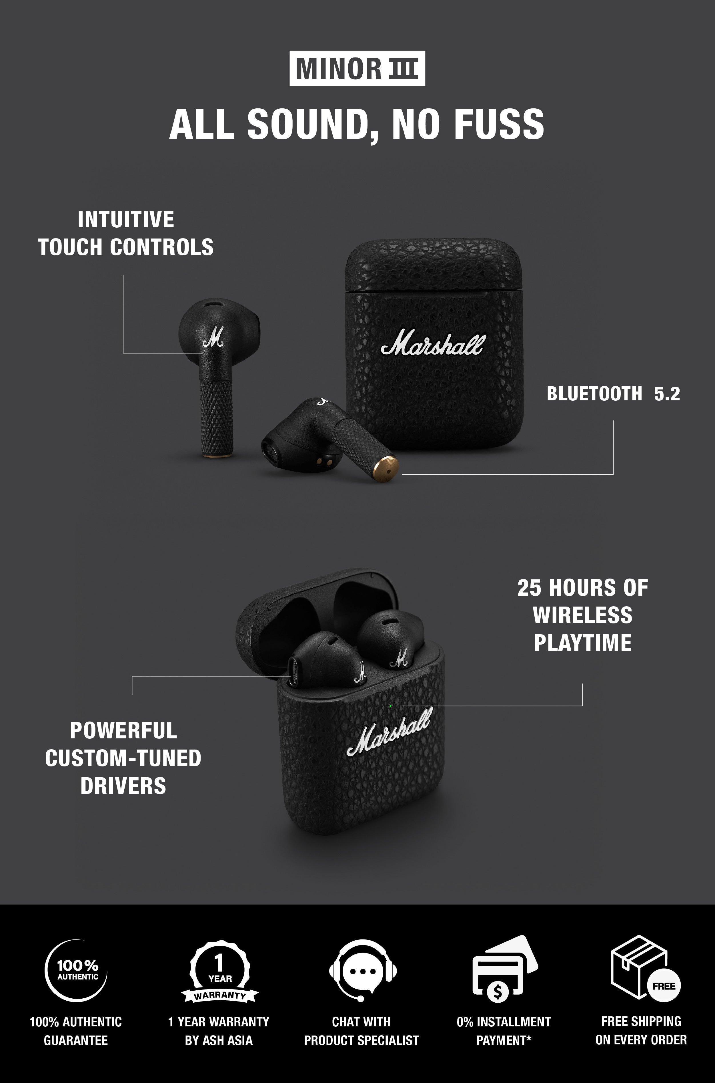 Marshall Minor III True Wireless In Ear Headphones - Black - iShop